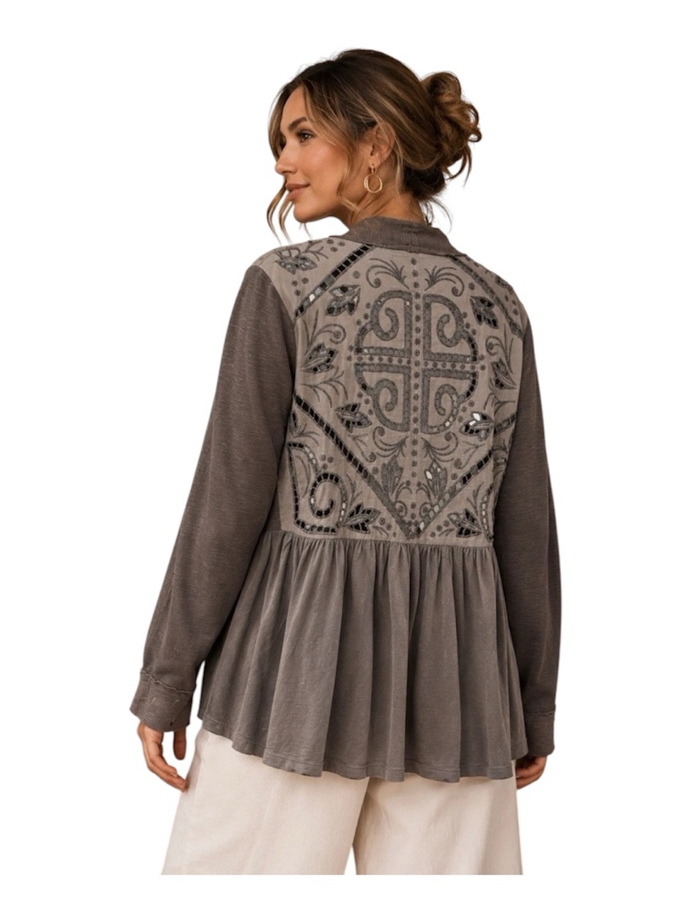 Anthropologie Saturday Sunday Sz L Open Cardigan Brown Cut Out Lace Back